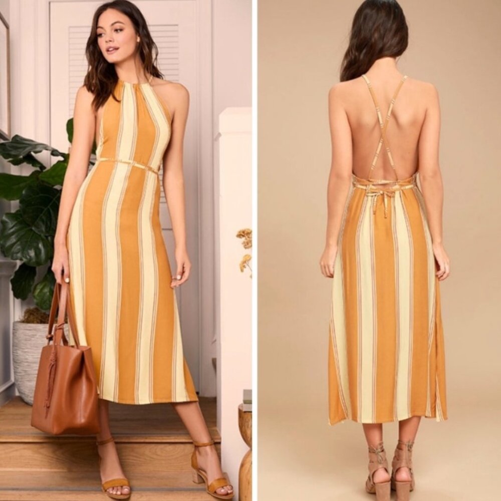 FAITHFULL THE BRAND GOLD TUSCANY DRESS YELLOW STRIPE BELTED MIDI 2